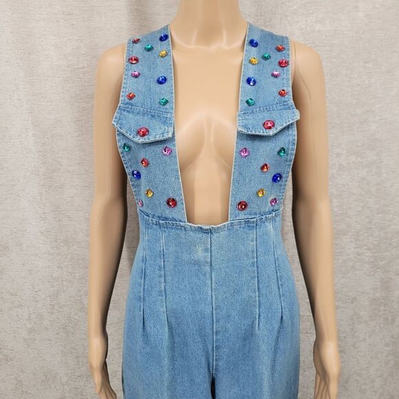 My Michelle Vintage Jumpsuit Overalls Denim Plunging Neckline Colorful Gemstones - Picture 7 of 16